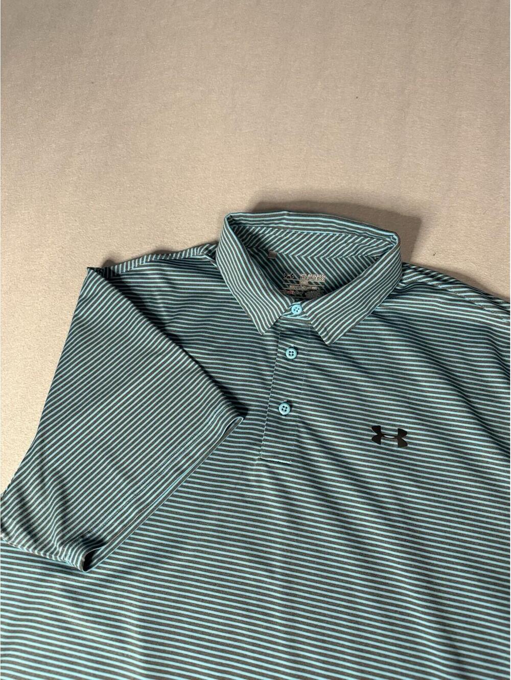 Under Armour Polo Shirt Mens 2XL XXL Green Striped Short‎ Sleeve Heat Gear Loose